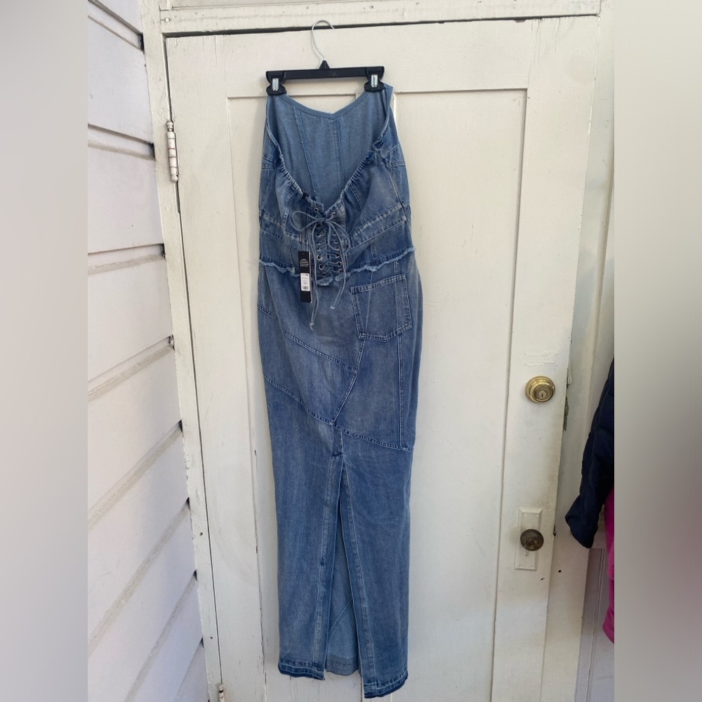 NWT Fashion Nova Delilah Denim Maxi Dress Med Strapless Corset Bustier Stretch - Picture 10 of 14